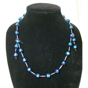 Blue Glass Beaded Necklace & Earrings Set With Silver Accents